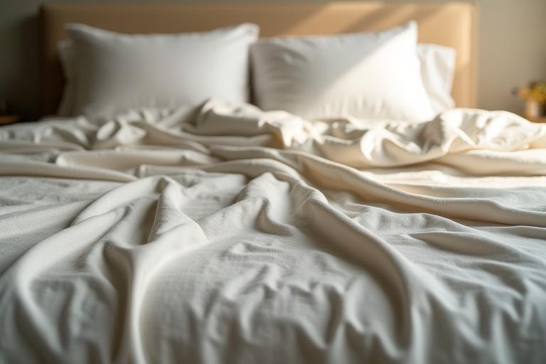 Parure de lit luxueuse en lin doux aux couleurs naturelles, drapée élégamment.